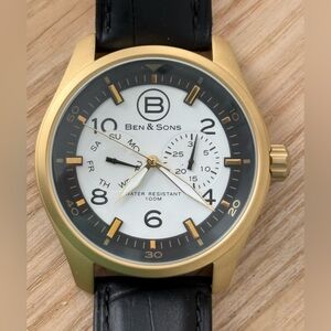 Ben & Sons Marshal Luxury Men’s Watch Gold Case White Dial Black Leather Strap